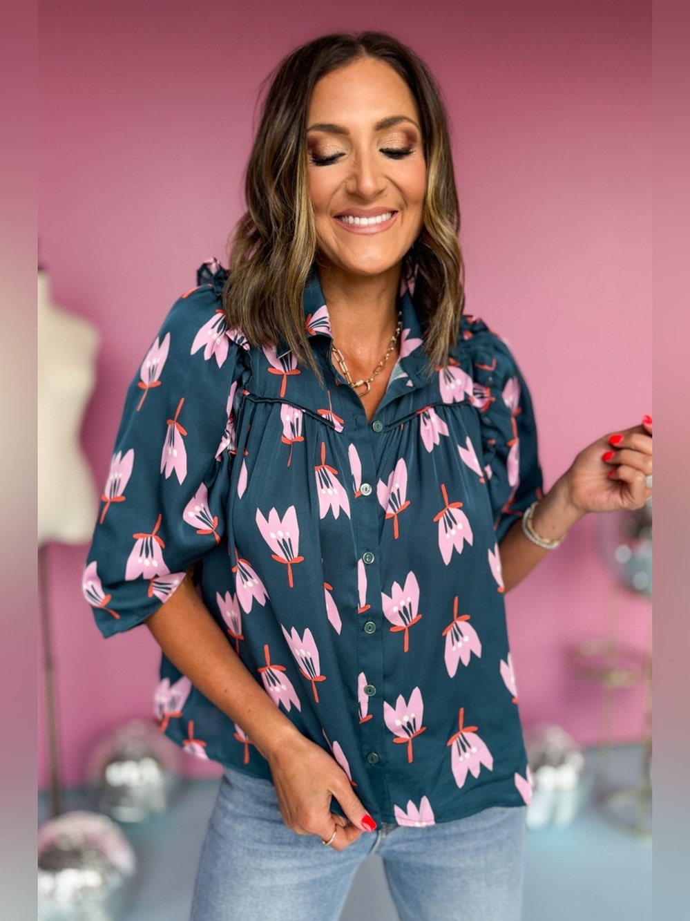 Karlie Teal Poppy Floral Print Button Front Ruffle Detail Puff Sleeve Top Size M